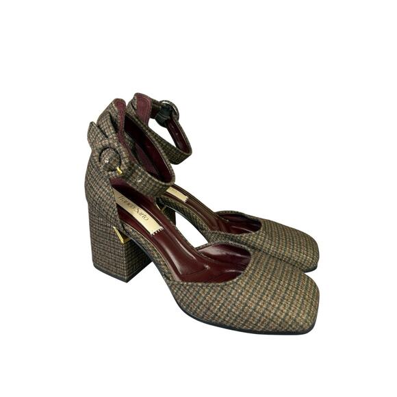 Franco Sarto Tweed Plaid Block Heel Pumps Size 6M Brown Ankle Strap - Picture 1 of 11